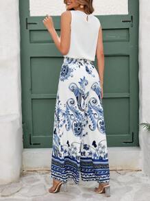 SHEIN Clasi Women Print Sleeveless Pleated Loose White & Blue Placement Print Wide Leg Pants 2 Pieces Set - Multicolor - View 2