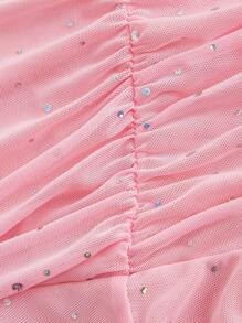 SHEIN MOD Women's Pink Ruched Sequin Mesh Mini Skirt, Party Style, Bodycon - Pink - View 4