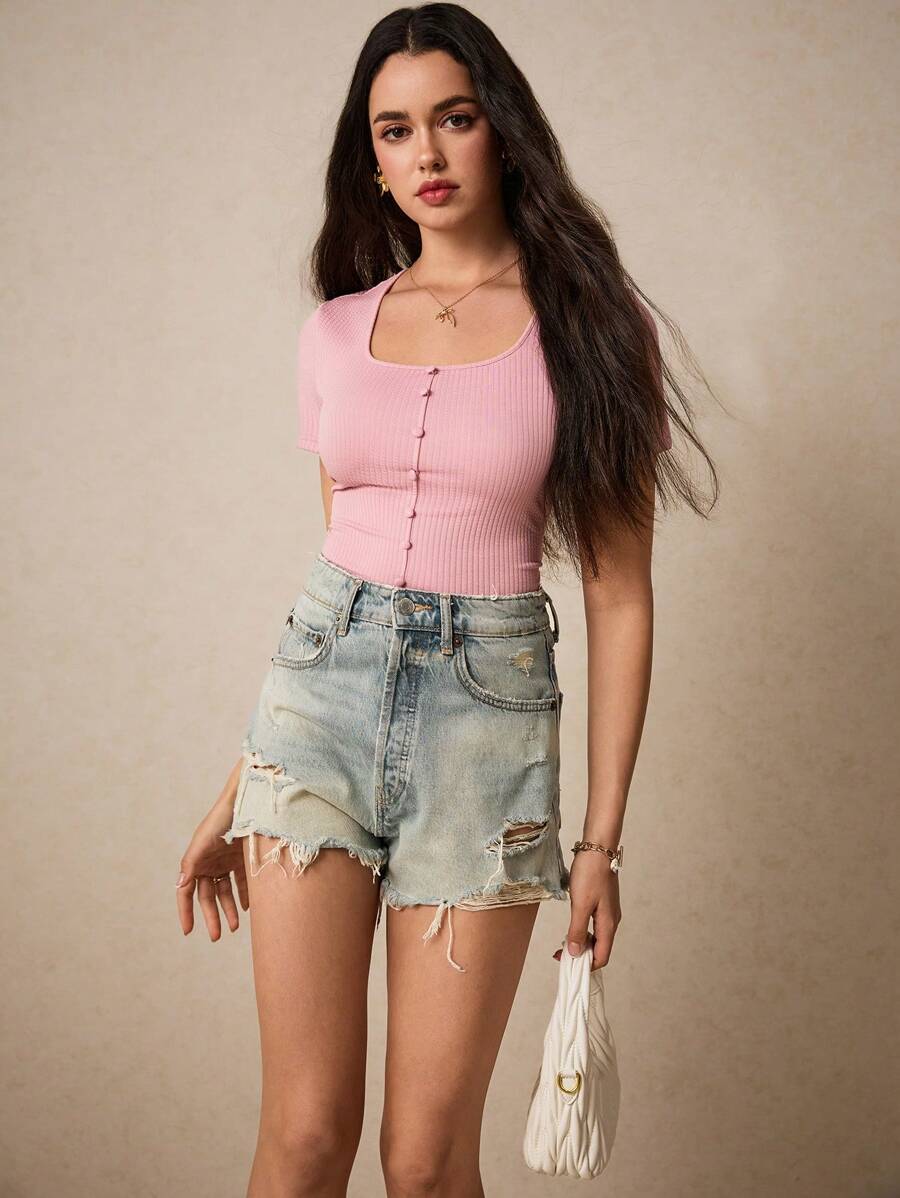 SHEIN Frenchy Áo thun tay ngắn màu trơn dành cho nữ, giản dị và thời trang để mặc hàng ngày - Hồng - Xem 1