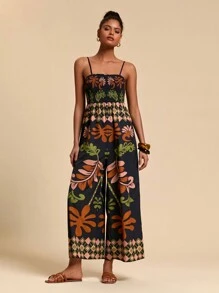 Travachic Vacation Casual Printed Spaghetti Strap Jumpsuit - Black - View 7