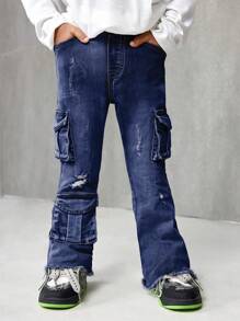 SHEIN Young Boy Distressed Fashionable Street Cool Multiple Pockets Ripped Frayed High Stretch Skinny Cargo Jeans, Leisure And Versatile For Kids Fall/Winter Indoor/Outdoor Wear - Dark Wash - View 5