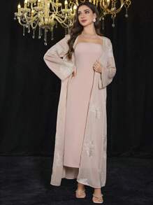 Modelyn 2pcs Embroidered Sequin Solid Elegant Romantic Sheer Sleeve Dress Set - Pink - View 7