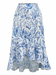 Celure Falda elástica de cintura alta con bajo irregular, con volantes y estampado floral para mujer talla grande
