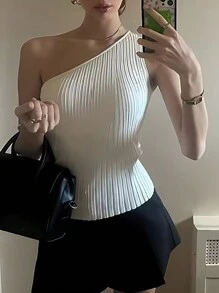 SHEIN Unity New Oblique Strap Camisole Top, Sexy Side Cut Out Sleeveless Short Knit Crop Top, Spring/Summer - White - View 1