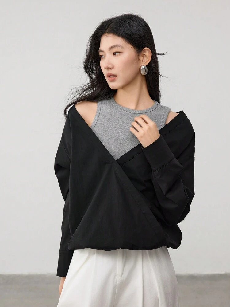 Women's Color Block Long Sleeve Shirt With 2 In 1 Design,Fall Women Clothes
