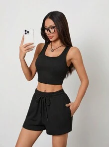 SHEIN PETITE Knitted Solid Color Vest And Elastic Shorts Set - Black - View 5