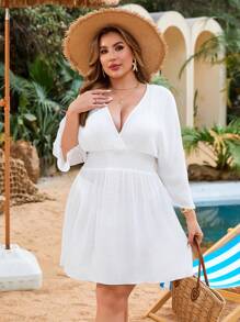 SHEIN Swim Curve 大码女式高腰 V 领罩衫连衣裙，休闲度假夏季海滩派对连衣裙