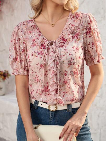 SHEIN Clasi 女士荷叶边下摆银箔印花短袖衬衫，浪漫假日