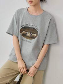 Dazy-Less Loose Casual Business Letter & Graphic Print Short Sleeve Women T-Shirt Old Money Style Summer - Grey - View 3