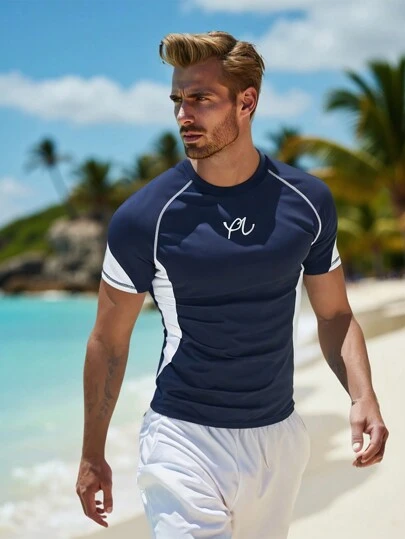 Manfinity Swimmode Men's Colorblock Letter Print Surfing T-Shirt Man Swim Trunks,Hawaiian