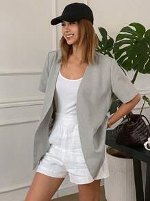 Livesso Women's Solid Color Loose Short Sleeve V-Neck Casual Elegant Vintage Summer Jacket - Khaki - View 3