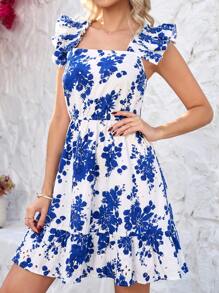 SHEIN Clasi Vestido corto con escote cuadrado y mangas de campana con estampado floral azul para primavera y verano