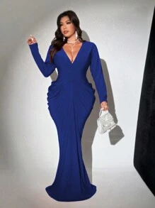 Viva Relle Plus Size Deep V-Neck Long Sleeve Ruched Dress Fall Cloth For Women - Blue - View 3