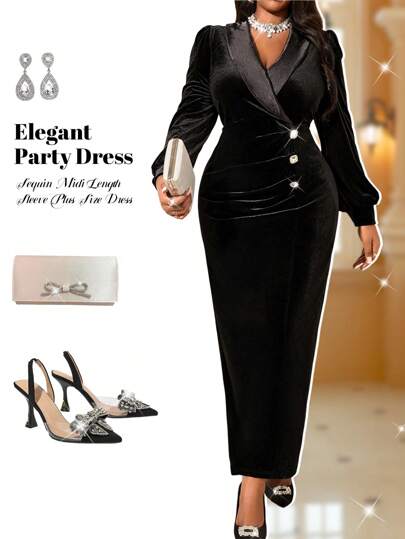 Fleurora Herfst en winter elegante cocktailparty Czwart zilver gebreide fluwelen pailletten rechte pailletten midi-lengte mouwen plus size jurken nieuwjaarsjurk plus size jurken feest