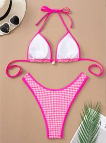 SHEIN Swim Springbreak New Women 2 Pieces Summer Beach Vacation Style Pink Plaid Bikini Set, Halter Top, Tie-Front & Low Waist Bottom - Multicolor - View 2
