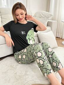 Dream Adore Conjunto de pijama para mujer con estampado de dinosaurios lindos, de manga corta y pantalón largo