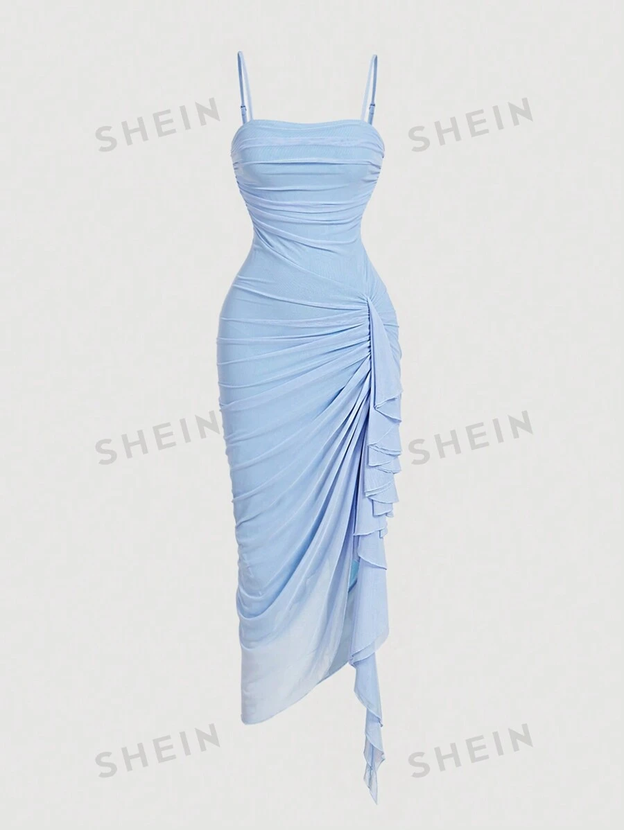SHEIN MOD Vestido de mujer de unicolor con pliegues y volantes en el borde, vestido con bajo asimétrico, vestido camisero azul, ropa para el Día de San Valentín, conjuntos de primavera para mujer, atuendos para despedida de soltera