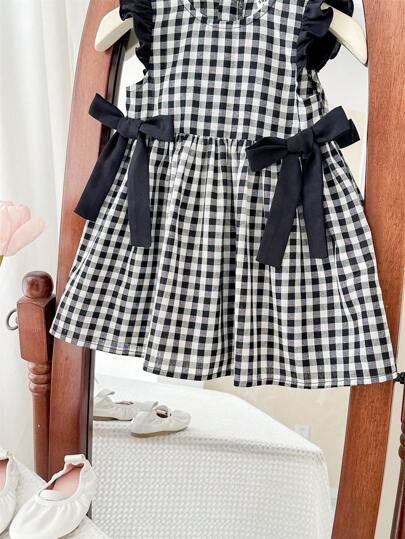 SHEIN LMoss Kids 女婴夏季可爱黑白格子蝴蝶结装饰连衣裙