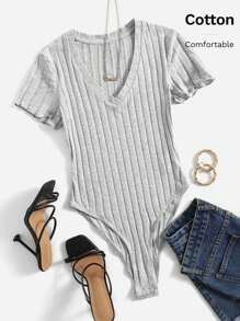 SHEIN Essnce Solid Ribbed Knit V Neck Bodysuit For Summer - Light Grey - View 5