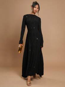 COSMINA 女士立领长袖闪亮奢华连衣裙 - 黑色 - 查看 3