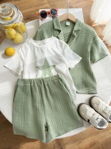 SHEIN Leap Crew 3pcs/Set Young Boys/Girls Comfortable Casual Versatile Fashionable Cute Fresh Green Shirt, White Star Print T-Shirt And Pocket Shorts Set, Suitable For Spring/Summer, Daily Wear, Sports, Outings, School, Gatherings, Holidays, Performances, Photo Shoots - Green - View 7