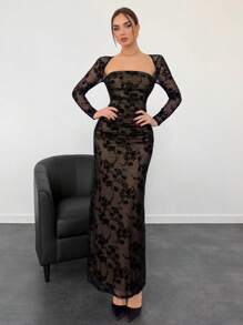 Aloruh 女士新款秋冬万圣节天鹅绒提花镂空网眼浪漫约会度假长袖蕾丝荷叶边下摆紧身连衣裙 - 黑色 - 查看 6