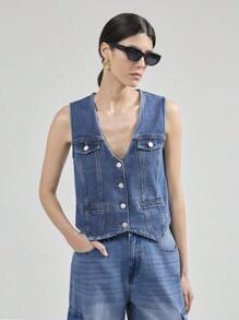 Ontre Women Denim Jacket And Vest Set, Casual Fitted Sleeveless Blue - Medium Wash - View 2