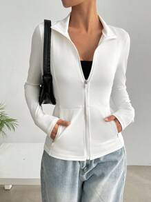 Muchica Women's White Long Sleeve Zip-Up Casual Jacket