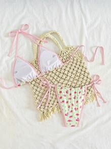 Swim Mod Set de bikini pentru femei Ditsy Floral, cu garnitură în contrast, cu cravată laterală, vacanță de vară la plajă