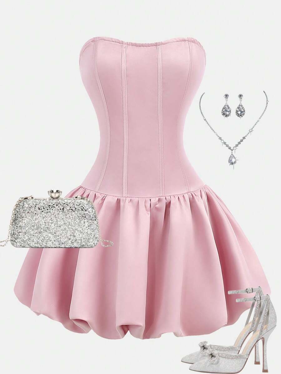 Girlism Teen Girls Satin Ruffle Waist Mini Dress, Cute Vintage Fit & Flare Party Pink Corset Cocktail Dress, Spring/Summer - Pink - View 1