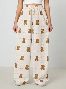 SHEIN Tall Women's Plaid Cartoon Bear Print Drawstring Waist Wide Leg Casual Pants - Apricot - View 5