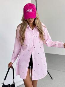 SHEIN Essnce Áo cánh đơn giản kẻ sọc nơ cho nữ - Hồng - Xem 5