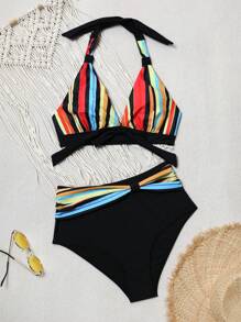 SHEIN Conjunto de bikini a rayas informal de moda deportiva para vacaciones de verano, outfits de playa para mujeres