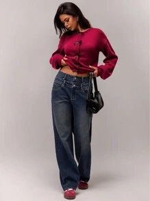 Forever 21 Nuevo cárdigan de cuello redondo para otoño e invierno, suéter de punto de manga larga casual y versátil de corta duración - Burdeos - Ver 3