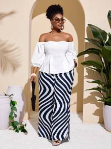 Slaydiva 2025 Noua tinuta Rave/Paste Plus Size Femei/Stil Bani Vechi Plus Size Femei/Tinuta Concert Country/Tinute Going Out/Fairycore/Tinute Festival/Vacanta Tropicala Imbracaminte Plus Size Femei Tinute Vara Pentru Femei Plus Size/Vara/Rave/Vara Europeana/Tinute Primavara/Tinuta Western Wear Plus Size/Graduare Casual Set de 2 bucăți cu mâneci bufante, alb, romantic, elegant și pantaloni cu dungi geometrice abstracte