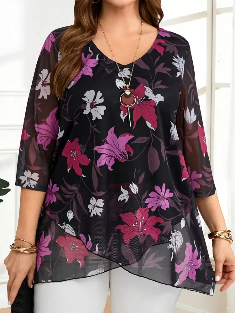 Plus Size Casual Floral Print Wrap Hem Blouse Spring For Women Bridal Shower Elegant Mesh Floral