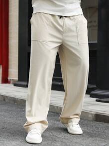 Manfinity CasualCool Plus Size Men's Solid Color Simple Fashionable Casual Straight Pants , Corduroy - Khaki - View 4