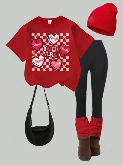 SHEIN ChillGRL Conjunto informal de 2 piezas para niña preadolescente con camiseta de manga corta con estampado gráfico de corazón de letras con cuadros de colores y leggings, atuendo para el Día de San Valentín