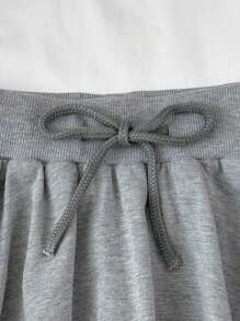 SHEIN Teenage Girls' Floral Knit Casual Drawstring Waist A-Line Pleated Skirt With Shorts, Suitable For Spring/Summer, Home, Street, Party, Music Festival, Sports - Grey - View 4