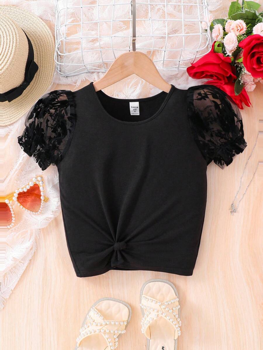 SHEIN Leap Crew Young Girl Solid Color Contrast Mesh Puff Sleeve T-Shirt - Black - View 1