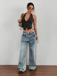 SHEIN EZwear Camiseta sin espalda de tirantes con rayas negras para mujer