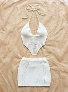 Soleia 2pcs/Set Women Solid Color Hollow Neckline Knitted Top And Knitted Mini Skirt Holiday Date Night Afternoon Tea Spring Summer Vacation - White - View 7