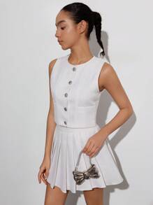 Aveloria Affinna Conjunto de traje de mujer de estilo simple de moda con chaleco corto con botones al estilo chic francés campus combinado con falda mini plisada de cintura alta formando un conjunto de tweed - Blanco - Ver 3