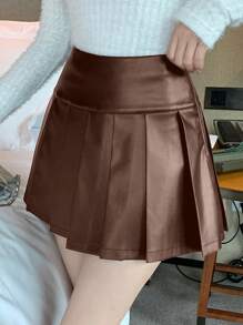 DAZY 女士时尚纯色高腰褶皱PU裙秋季半身裙 - 咖啡棕 - 查看 5