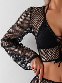 SHEIN Swim 2pcs Women Solid Mesh See-Through Cover Up, For Summer Beach Vacation - Black - View 3