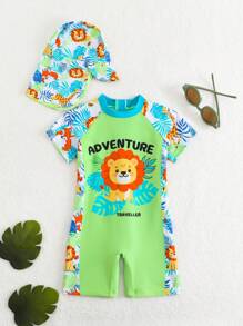 SHEIN GraphicGems Baby Boy Cute Cartoon Lion Printed Sleeveless Rash Guard With Sun Hat, Summer Swimwear - Multicolor - View 1