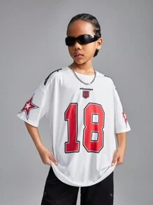 SHEIN Tween Girls Spring/Summer Streetwear Blokecore Football Red Number Letter Print Tee