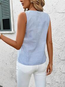 SHEIN Clasi Chemise casual de vacances à rayures bleues avec col rabattu pour femmes, pour Pâques, boho, concert, Saint-Patrick, festival rave, Saint-Patrick, Ibiza, été, plage, concert country, vacances casual, femmes country - Bleu et Blanc - Voir 2