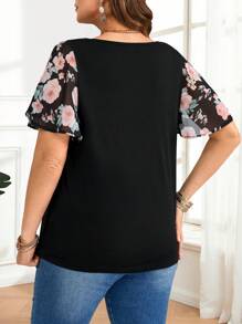 EMERY ROSE Plus Size Women's V Neck Black Floral Chiffon Bell Sleeve  Elegant Women's Top Summer Outfits  Spring Outfits For Women - Multicolor - View 2