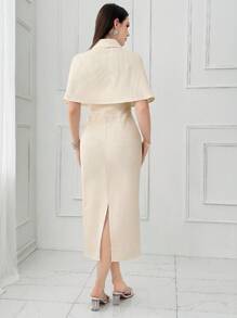 Modelyn 女士优雅水晶装饰披肩搭配吊带背心连衣裙 2 件套 - 杏色 - 查看 2